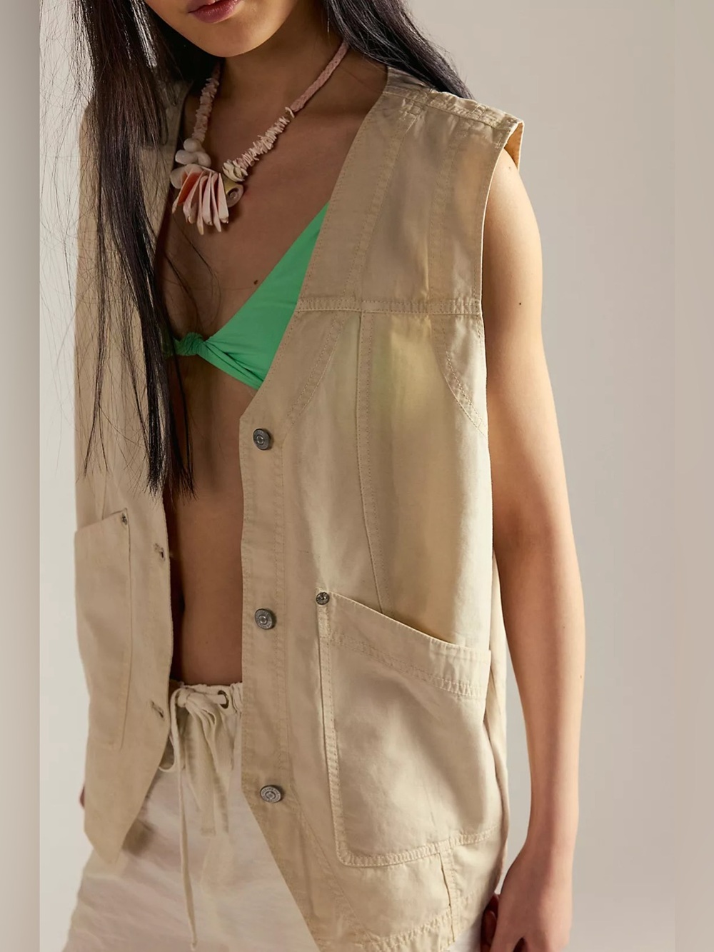 We The Free Free People Valerie Cotton Utility Vest Cream Relaxed Oversized XL